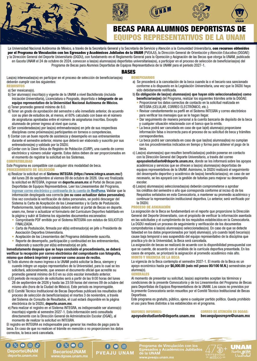 BecariosUNAM's tweet photo. Convocatoria abierta: Beca para Alumnos Deportistas de Equipos Representativos de la UNAM 2027-1 
📲 Consulta las bases en nuestro portal: https://t.co/bBS8CtQGGL
🔗 Registro Integra: https://t.co/abzoBofgTr   🔗Deporte UNAM: https://t.co/6qjFleAR0m https://t.co/R2QhBBAAHx