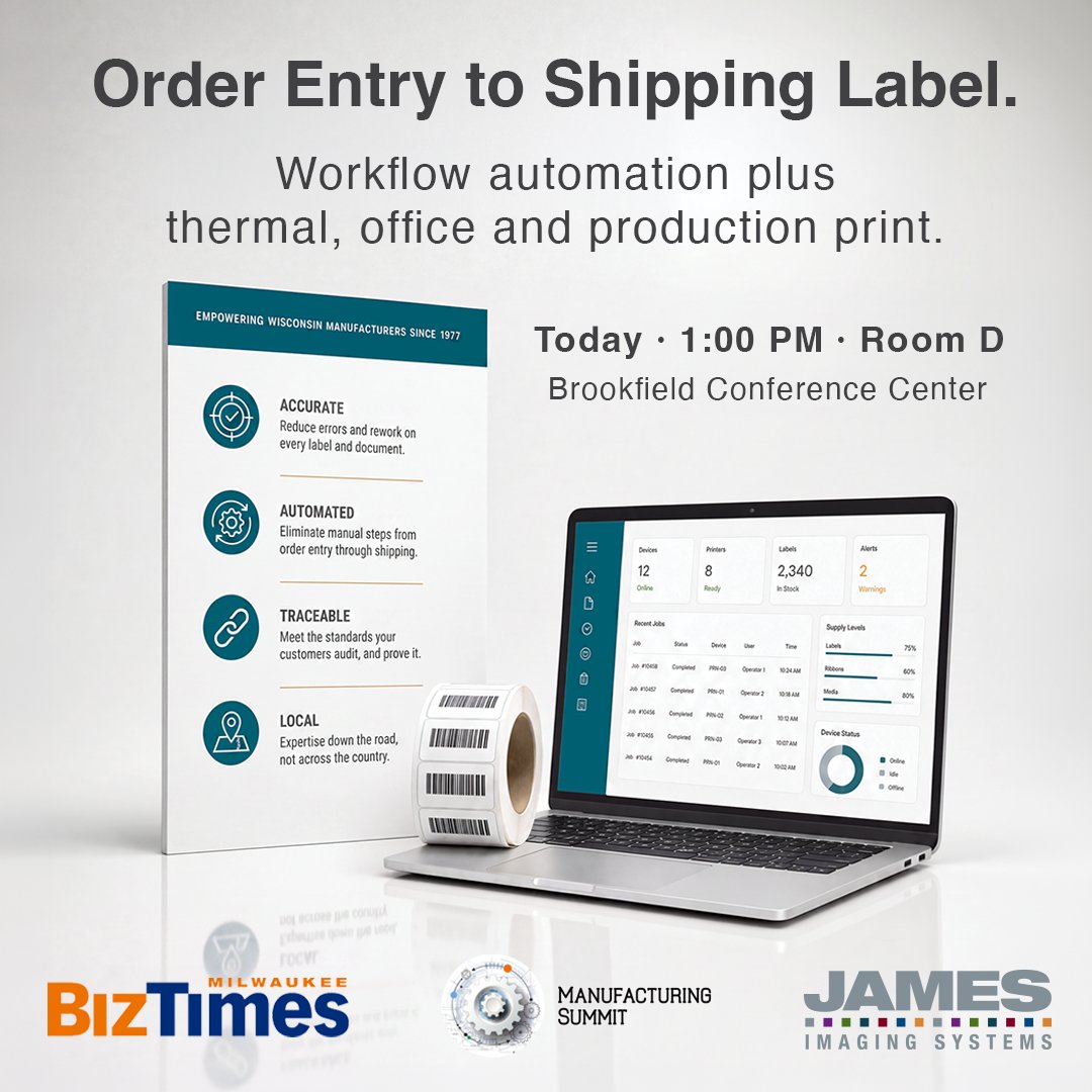 James_Imaging's tweet photo. Come see us present at the @BizTimesMedia  Manufacturing Summit today! 1:00 PM, Room D, Brookfield Conference Center, with Mathison Manufacturing. Or stop by our table all afternoon. @BizTimesMedia #Manufacturing #WorkflowAutomation https://t.co/f8UsaLtAJx