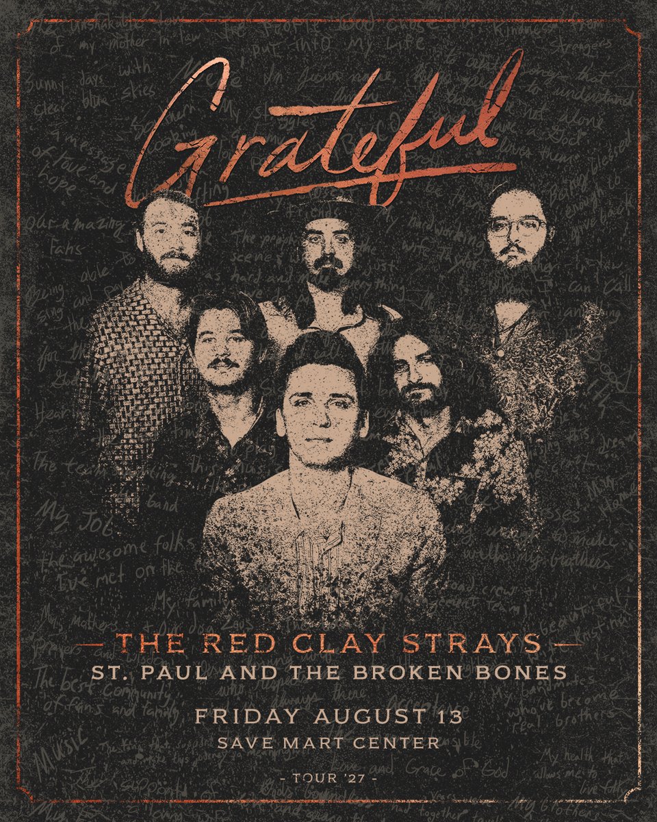 savemartcenter's tweet photo. The Red Clay Strays Grateful Tour is coming to the Save Mart Center August 13, 2027! Tickets go on sale Friday, October 9 at 10am. Download the Red Clay Strays app for presale access starting on Monday, October 5th.

🔗 https://t.co/se2usEoFPy https://t.co/09AUiDEx5n
