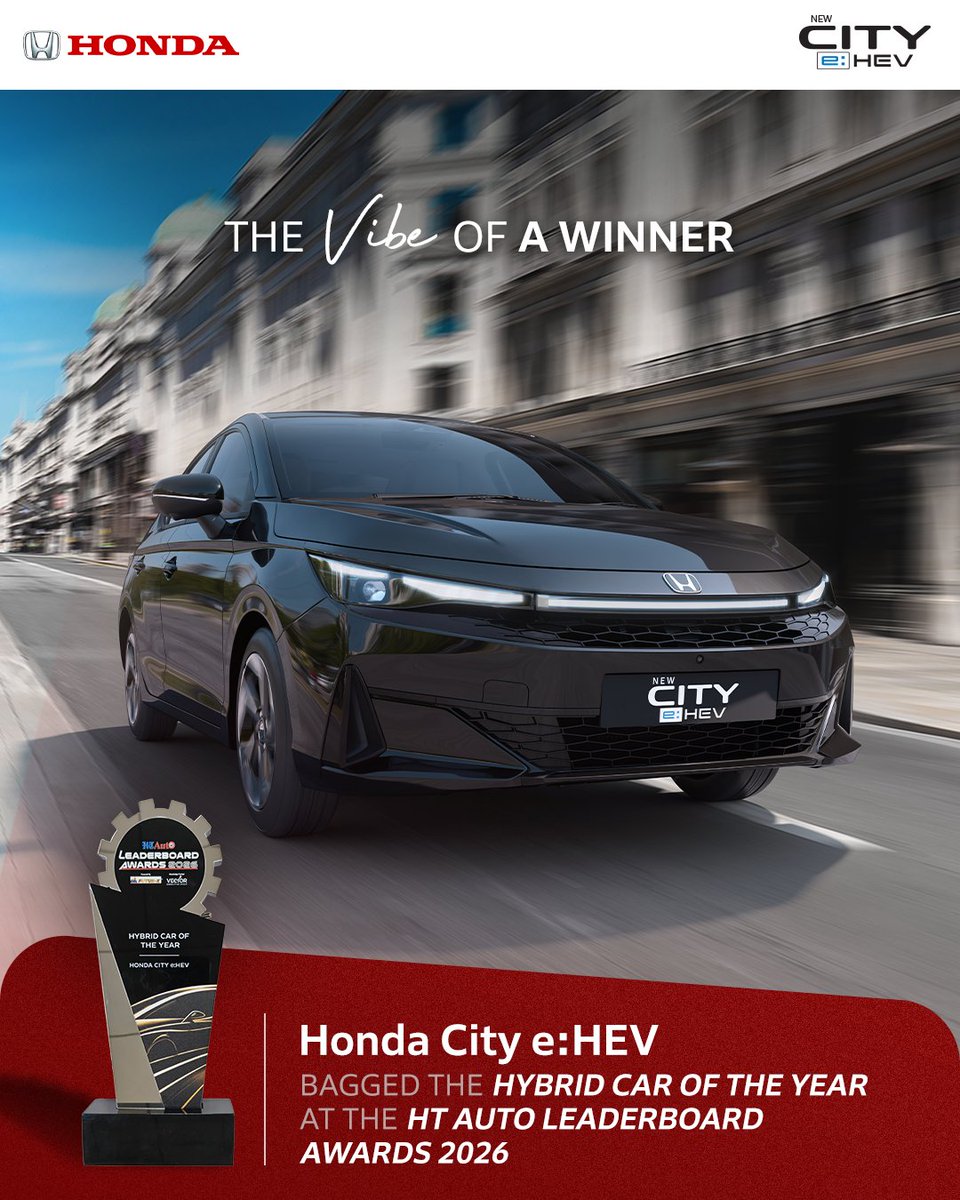 HondaCarIndia's tweet photo. An all new vibe, driven by innovation and recognized for excellence! We are proud to share that the New Honda City e:HEV has bagged Hybrid Car of the Year at the HT Auto Leaderboard Awards 2026.

#NewCity #AllNewVibe #HybridCarOfTheYear #HTAutoLeaderboardAwards #HTAutoAwards2026 https://t.co/2QL5N1cj4X