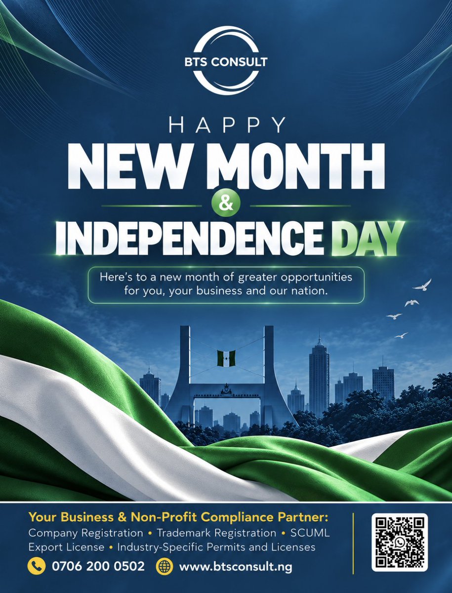 BtsConsult's tweet photo. Happy New Month &amp; Happy Independence Day, Nigeria! 🇳🇬

Here’s to greater opportunities, stronger businesses and continued progress.

#BTSConsult #NigeriaAt66 #HappyNewMonth #IndependenceDay https://t.co/eHl6UyR91M