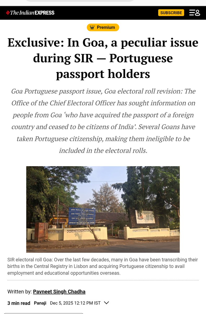 indicrealist's tweet photo. Worse, @RitikaChopra__ / her @IndianExpress editors knew very well, as far back as December 2025, that Portuguese passport holders in Goa had been caught up in the SIR process and were facing deletion from the electoral rolls.

https://t.co/Q3tKYWZnqV

Yet, she chose not to 'investigate' whether any of those 97 voters had been excluded on that basis, nor did she mention that holding a foreign passport could constitute an intelligible differentia applied during the SIR process in Goa.

All of it suggests how the intent was to publish a libellous narrative against the ECI and the SIR, and to curry favour elsewhere.