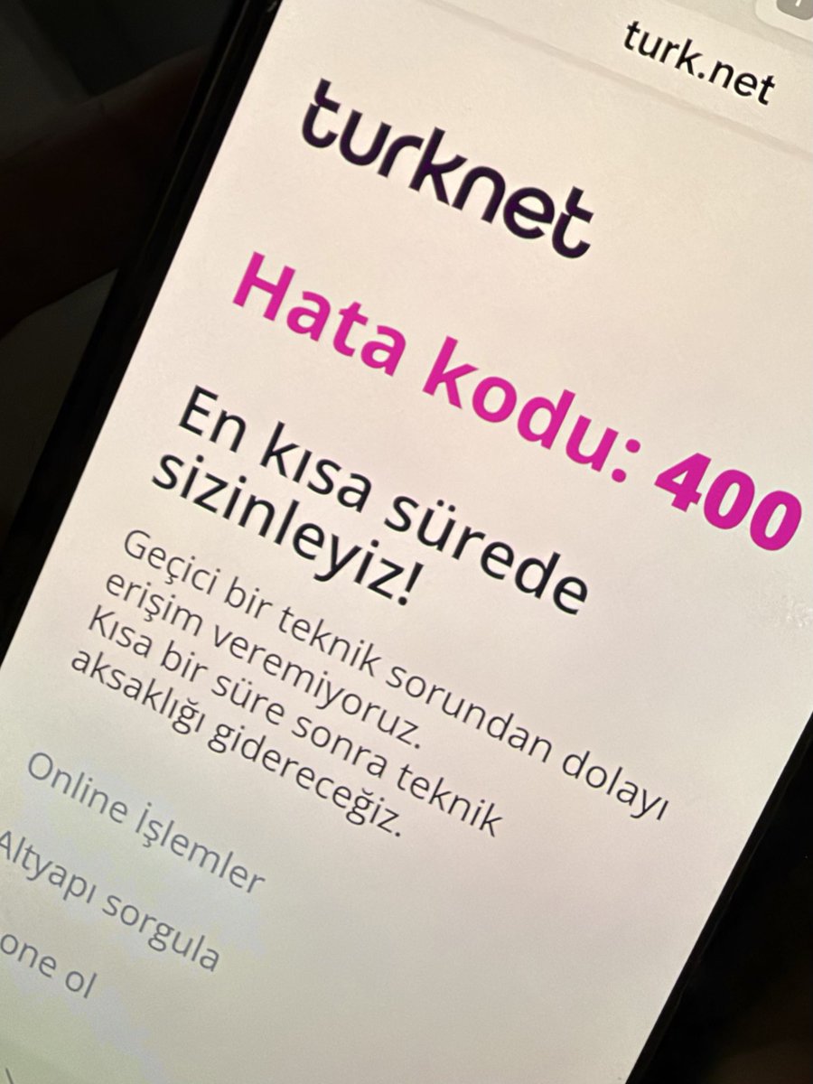 aistheisis's tweet photo. @TurkNetDestek İnternet bağlantımızdaki sorunlara ek olarak TurkNet uygulamalarına da erişemiyoruz. İşlemlerimizi gerçekleştirmeye çalışırken sürekli 400 hata kodu alıyoruz. Hem internet hizmetinde hem de uygulamalarınızda sorun yaşarken destek almak da mümkün olmuyor. https://t.co/jFvZhtsEFs