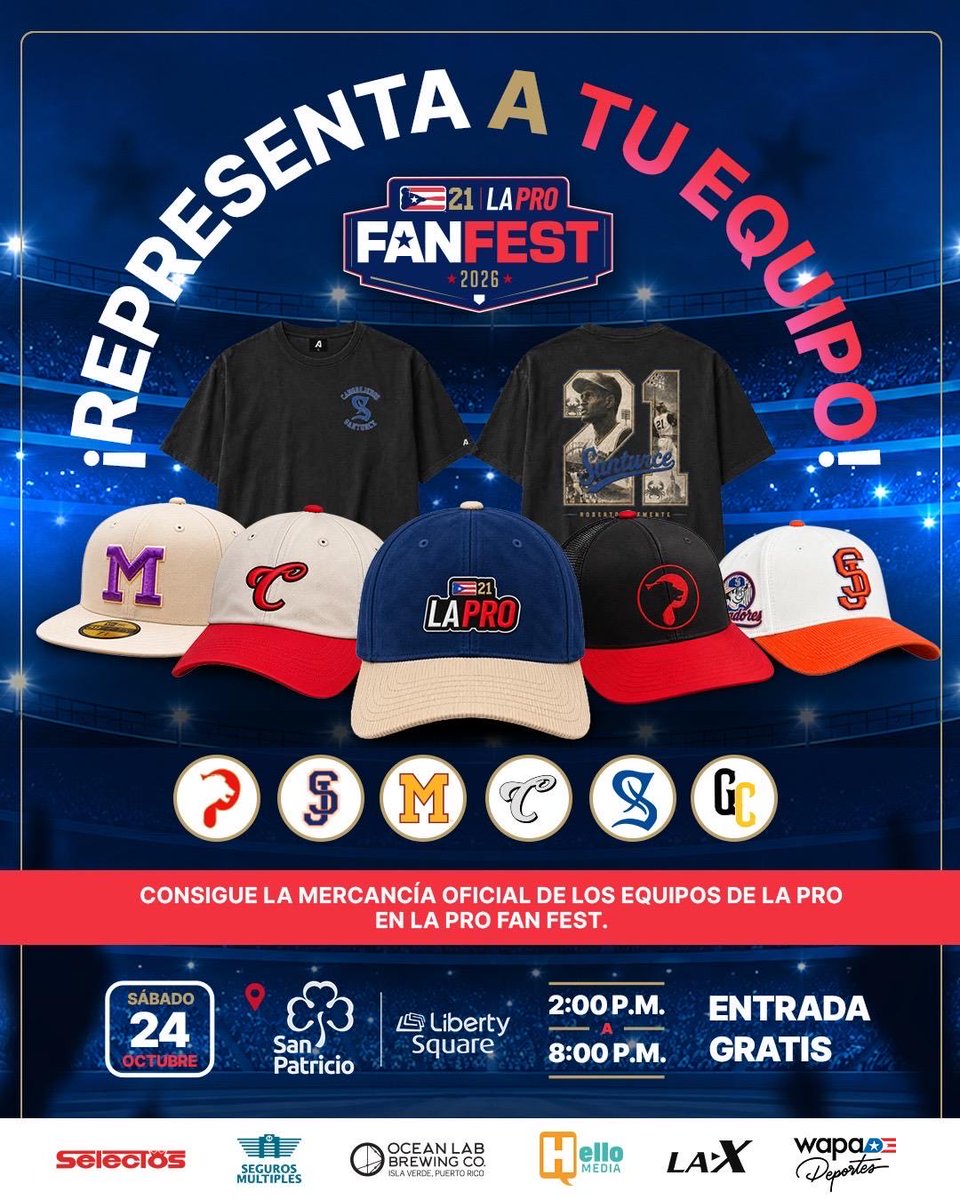 LBPRC's tweet photo. Consigue la mercancía oficial de los equipos de La Pro en el Fan Fest 2026.

Sábado, 24 de octubre | 2:00 p.m. – 8:00 p.m.
Liberty Square, San Patricio

¡Entrada GRATIS!

¿Cuál equipo vas a representar? 👀🔥 https://t.co/lRDENcpRoL