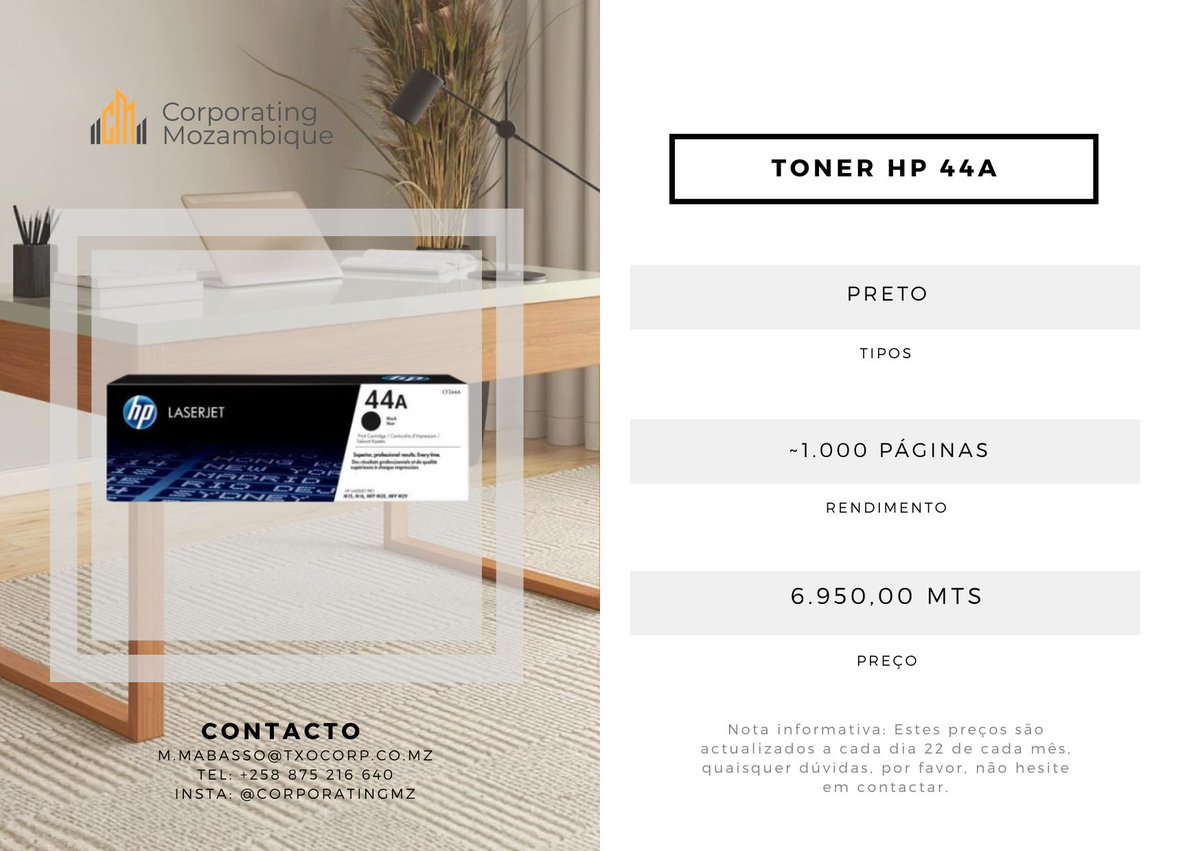 CorporatingMz's tweet photo. 🖋️ Toner HP 44A
Qualidade HP a preço acessível! 💪
✅ Preto
🏢 Impressora: LaserJet Pro M15, M15w, M16, MFP M28, MFP M28w, MFP M29w
📄 Rendimento: ~1.000 páginas
💰 6.950,00 MT
📍 Av. Mao Tsé Tung, Nº 1245 | 📞 875216640 | 📸 @corporatingmz https://t.co/62TaopseIM