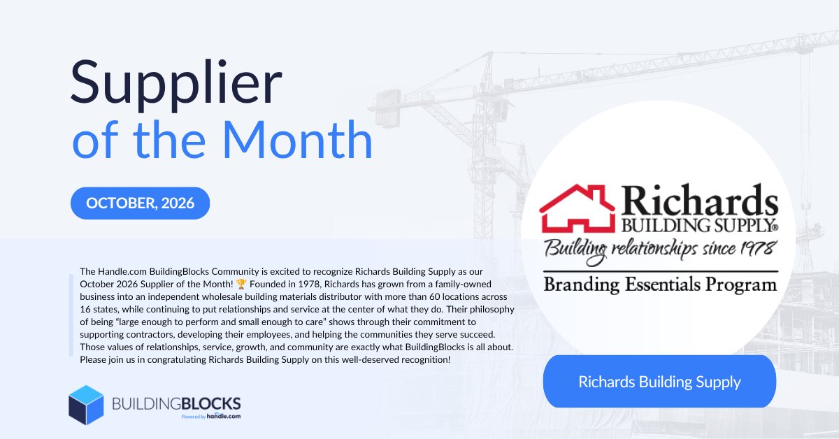 HandleBBlocks's tweet photo. Congratulations to our https://t.co/Dtocyj2EfU BuildingBlocks October Supplier of the Month Richards Building Supply Co.!

Founded in 1978, Richards has grown from a family-owned business into an independent wholesale building materials distributor with more than 60 locations across 16 states, while continuing to put relationships and service at the center of what they do. Their philosophy of being “large enough to perform and small enough to care” shows through their commitment to supporting contractors, developing their employees, and helping the communities they serve succeed.

Those values of relationships, service, growth, and community are exactly what BuildingBlocks is all about.

Please join us in congratulating Richards Building Supply on this well-deserved recognition!  #buildingblocks