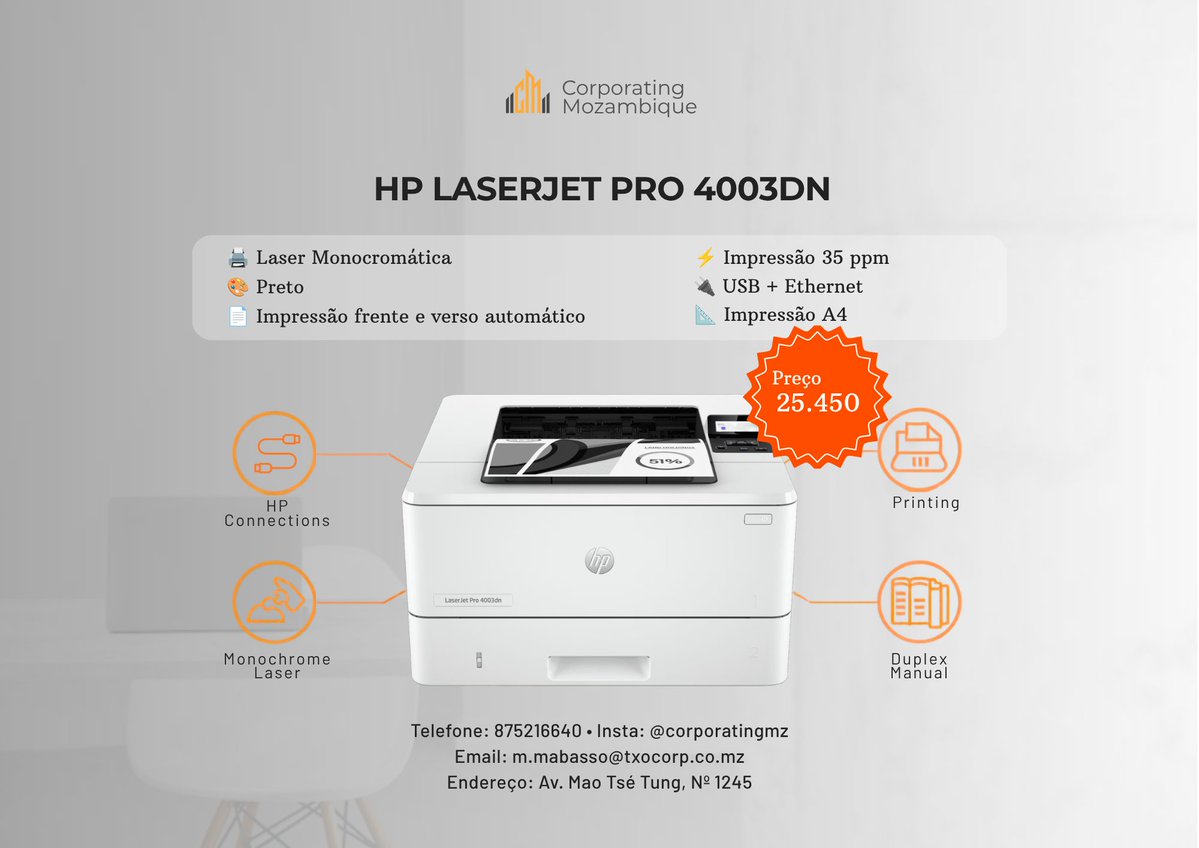 CorporatingMz's tweet photo. 🖨️ HP LaserJet Pro 4003dn
Laser monocromática de alta velocidade! 💪
✅ Preto
⚡ 35 ppm
📶 USB + Ethernet
🔍 Impressão frente e verso automático
💰 25.450 MT
🖋️ Toner: HP 151A
📍 Av. Mao Tsé Tung, Nº 1245 | 📞 875216640 | 📸 @corporatingmz https://t.co/X7lSfrLRrv