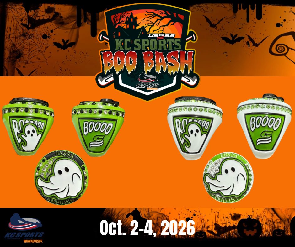 KCSPORTS's tweet photo. It’s time to get your costumes ready! The Boo Bash kicks off tomorrow and we are looking for a lot of spirit! The top 3 spirit winners will receive a Justbats gift card and one free kc sports entry for 2027!  #FallBaseball #boobash #PlayUSSSA https://t.co/p4hRi0bggs