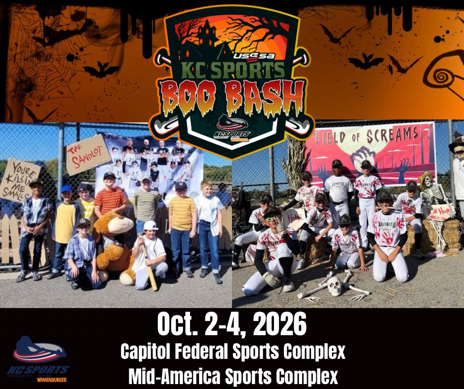 KCSPORTS's tweet photo. It’s time to get your costumes ready! The Boo Bash kicks off tomorrow and we are looking for a lot of spirit! The top 3 spirit winners will receive a Justbats gift card and one free kc sports entry for 2027!  #FallBaseball #boobash #PlayUSSSA https://t.co/p4hRi0bggs
