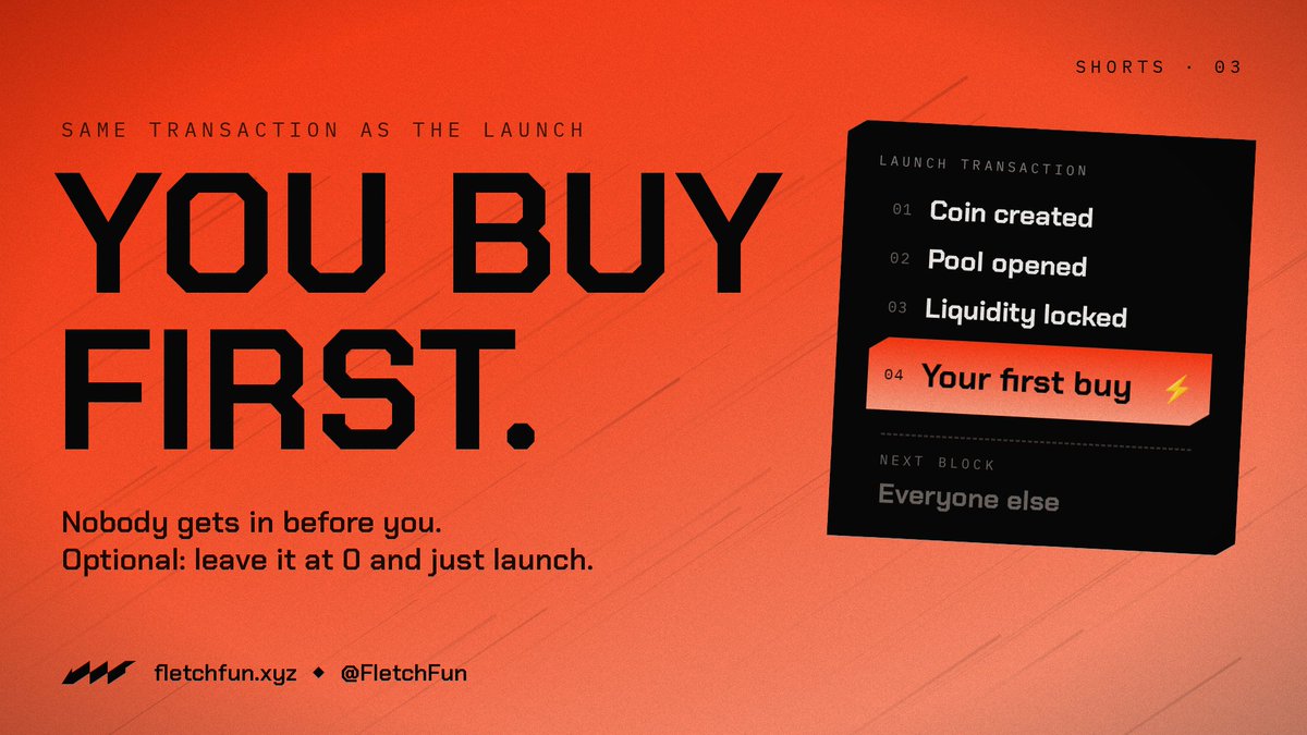 FletchFun's tweet photo. First buy ⚡

Add ETH in the launch form and it buys your coin in the same transaction that creates it. Nobody gets in before you.

Optional. Leave it at 0 and just launch.

https://t.co/THymEvjUbe https://t.co/K0QPgVOMkO