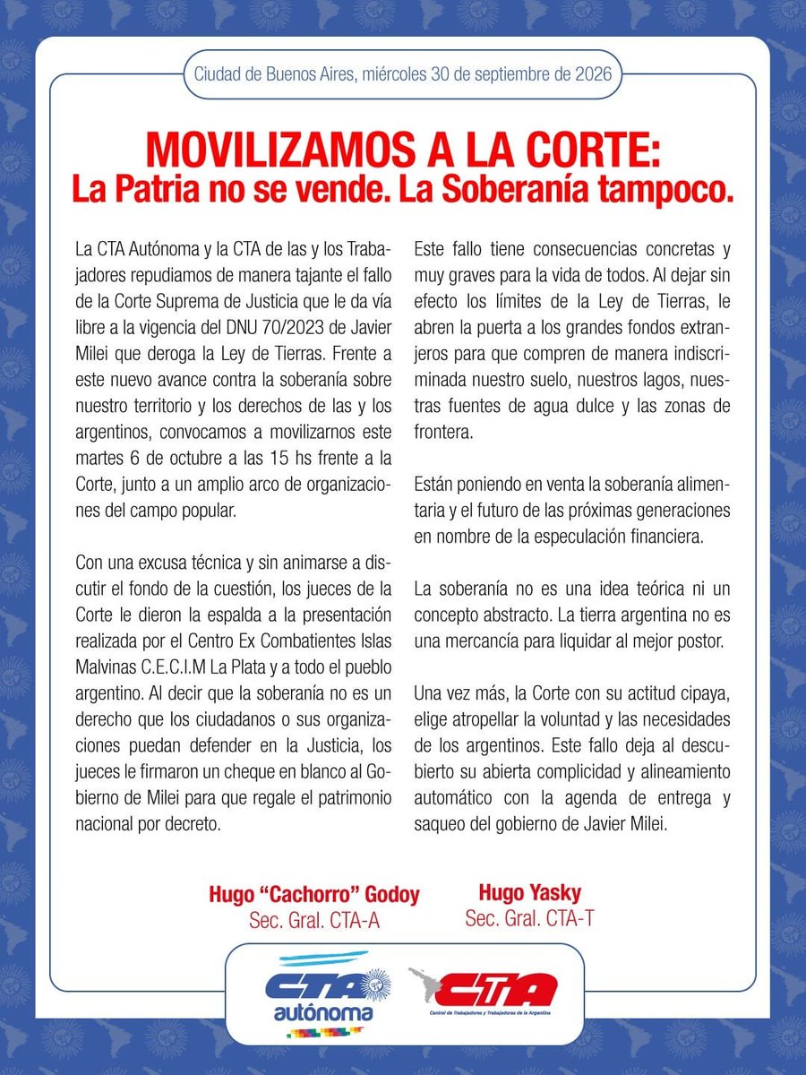 RobiBaradel's tweet photo. El 6/10 nos movilizamos a Tribunales en defensa de nuestra soberanía y territorio. 

La Patria no se vende y los bienes de todo el pueblo argentino no pueden quedar en manos de tres jueces cómplices del poder económico. 

¡La soberanía no se negocia, se defiende! https://t.co/5kDrJZjgWp