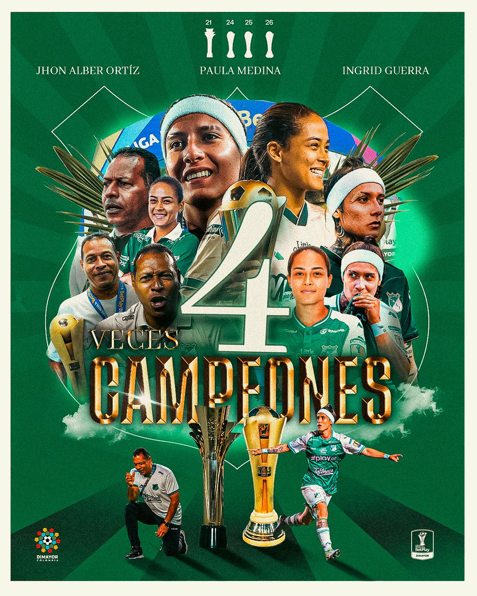 Dimayor's tweet photo. ¡𝗖𝘂𝗮𝘁𝗿𝗼 𝘃𝗲𝗰𝗲𝘀 𝗰𝗮𝗺𝗽𝗲𝗼𝗻𝗲𝘀! 🌟🏆

Jhon Alber Ortiz, Ingrid Guerra y Paula Medina han ganado las cuatro estrellas con @CaliFemenino 🟢⚪ en la #LigaFemeninaBetPlay

¡Por muchos más éxitos! 👏

#LaCasaDeTodos https://t.co/7HvTYhfndB