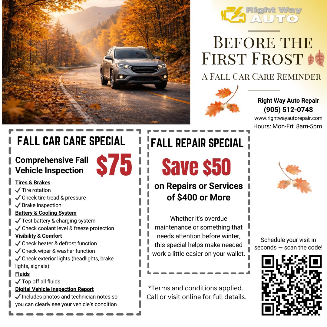 RightWayAutoHam's tweet photo. Cooler mornings and colourful leaves are a gentle reminder that winter isn’t far away. 🍁 A seasonal check can help keep your vehicle running smoothly, and our Fall Car Care Specials are here to make it a little easier.

#hamilton #specials #carrepair https://t.co/iCRSzwo9Rk
