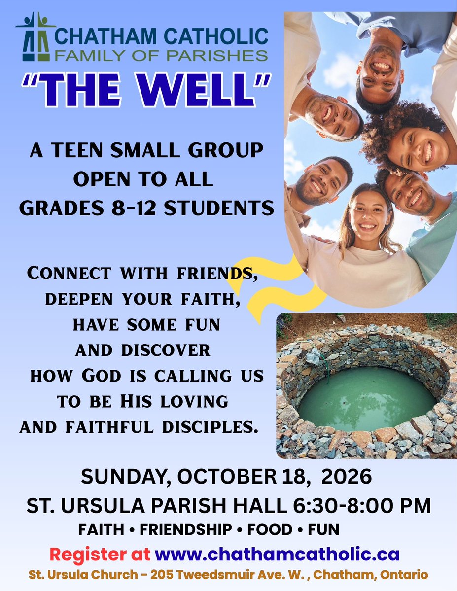 ChathamCatholic's tweet photo. Teens in Grades 8-12 are all welcome to come out to "The Well" Sunday, October 18th from 6:30 - 8:00 PM. You can register here: https://t.co/1Gt7eL6WxT https://t.co/K9aal0NQQ6