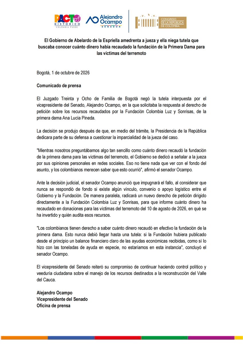 alejoocampog's tweet photo. Impugnaré el fallo porque es un derecho del país saber cuánto dinero recaudó la fundación de la Primera Dama para las víctimas del terremoto. Una pregunta sencilla que siguen evadiendo.
El Gobierno publicitó esa cuenta en medios oficiales y con sus ministros, pero hoy nadie responde. ¿Dónde está la plata de la solidaridad?