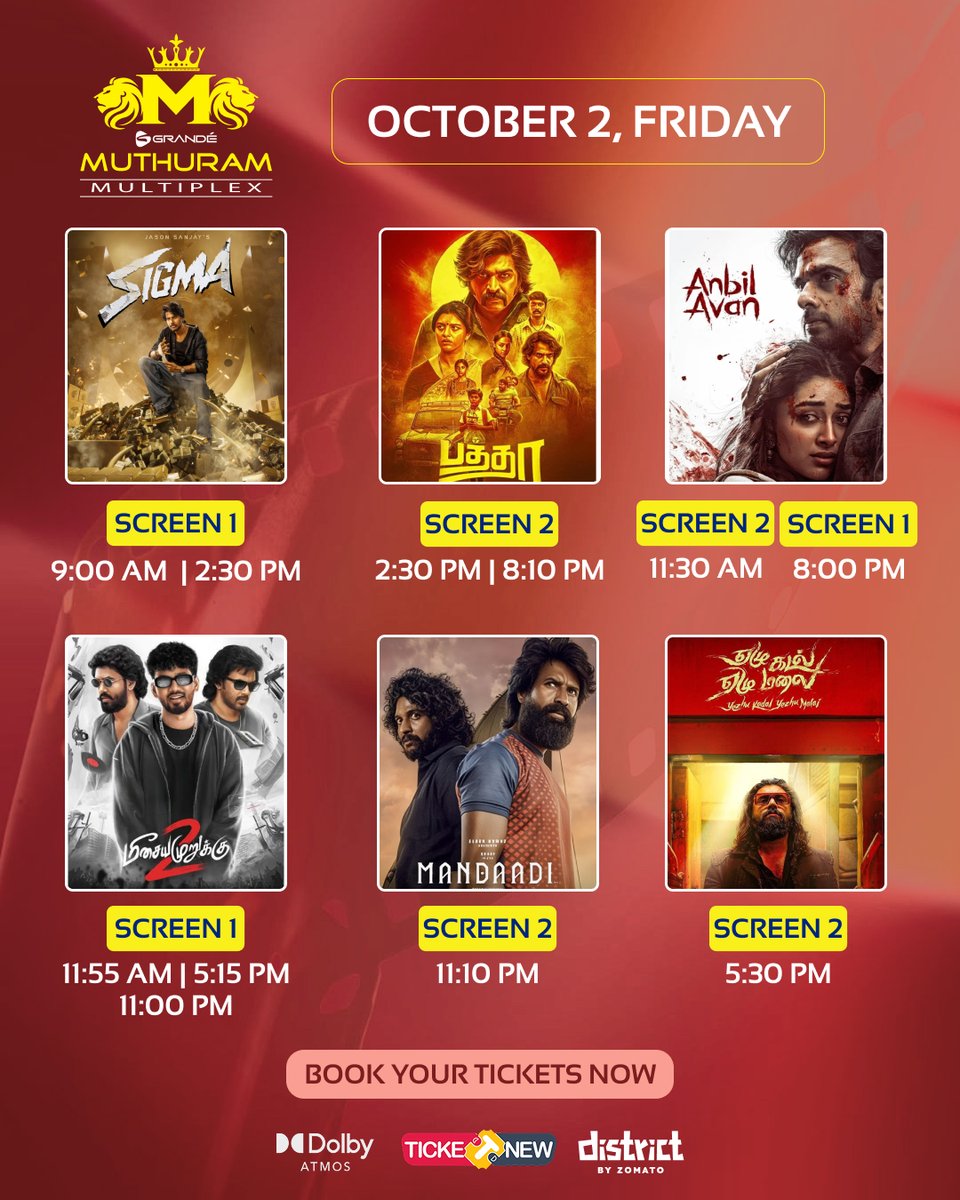 GrandeMultiplex's tweet photo. 🎬 Gandhi Jayanti holiday sorted! 🍿

Six films. Two screens. One long weekend kickoff at Grande Muthuram Multiplex 🔥

🎟️ Book now on TicketNew &amp; District by Zomato

#GrandeMuthuramMultiplex #GrandeExperience https://t.co/R5KBGPtRKR
