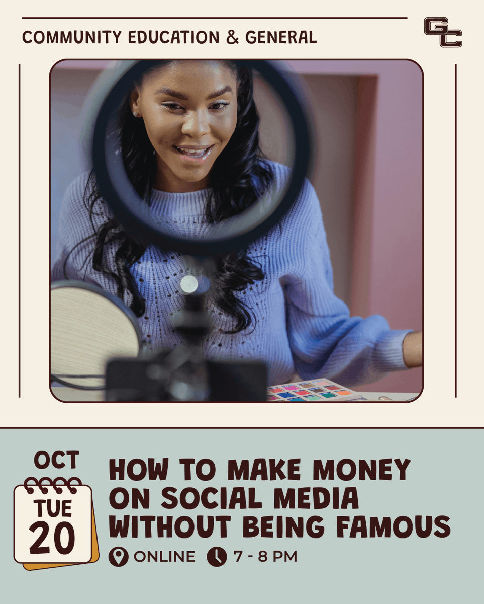 GC_CEWD's tweet photo. 📱 You can turn social media skills into income—no fame required! Join us online Oct. 20 at 7pm. Register: https://t.co/WPLgS8OqS6 https://t.co/sTvCX7kqoR