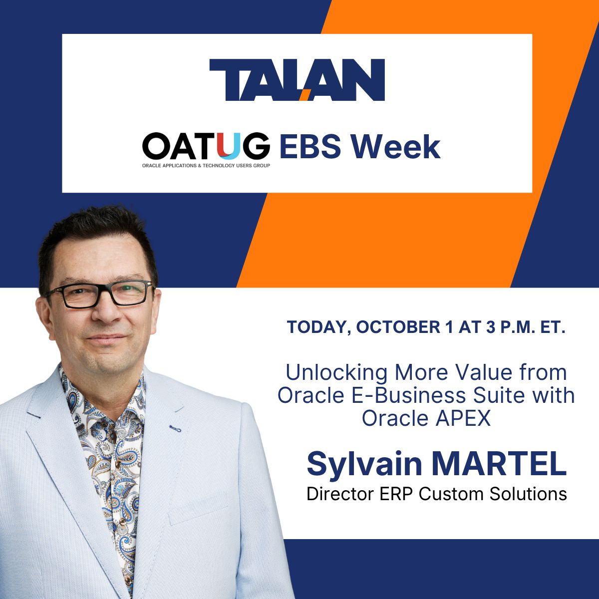 TalanOracleTech's tweet photo. Happening today! Join Sylvain Martel at 3 p.m. ET at OATUG EBS Week for Unlocking More Value from Oracle E-Business Suite with #orclapex.

Learn how APEX can extend and modernize EBS without adding complexity to the core ERP.

Register: https://t.co/rJfKShxTO5 

#OracleEBS https://t.co/stY3suzO6R
