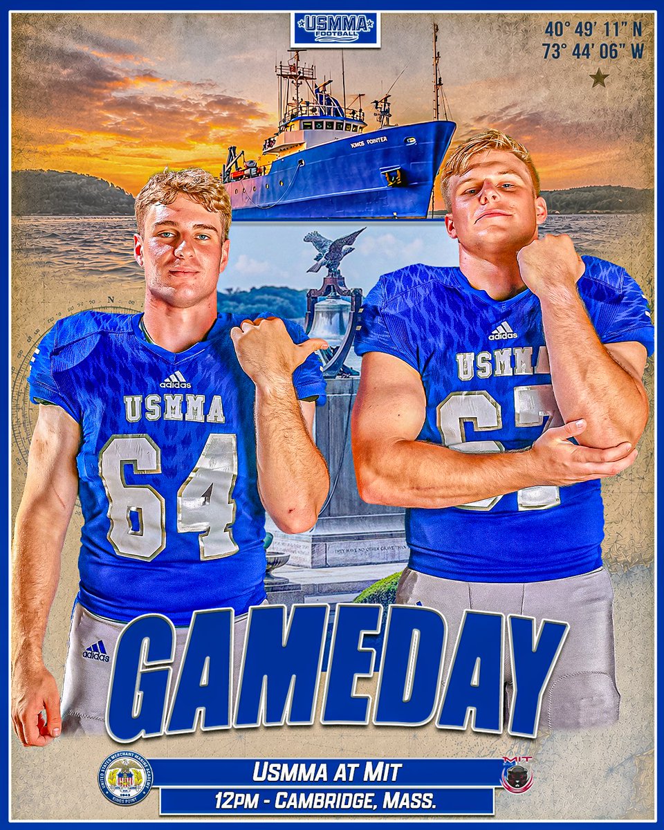 USMMA_Athletics's tweet photo. 🏈  𝐆𝐀𝐌𝐄𝐃𝐀𝐘 🏈

@USMMAFootball takes on MIT on the road in @NEWMACsports action this afternoon!

🕛  12 p.m.
📍  Cambridge, Mass.
📊  https://t.co/9sLsvRpd2C
📺  https://t.co/KAUDyAU1cf

#OURAcademy #d3fb https://t.co/xjI5pOSRT0