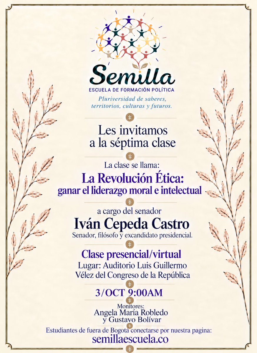 GustavoBolivar's tweet photo. Nutre tu cerebro este fin de semana en @EscuelaSemilla

SÁBADO 9AM: “La Revolución Ética para el liderazgo moral e intelectual” por @IvanCepedaCast

DOMINGO 9AM: “¿Desarrollo o Suicidio? El bienestar y lo común para un desarrollo con la fuerza de la vida” por @susanamuhamad

RT Inscripciones: https://t.co/sQCtUM02i0