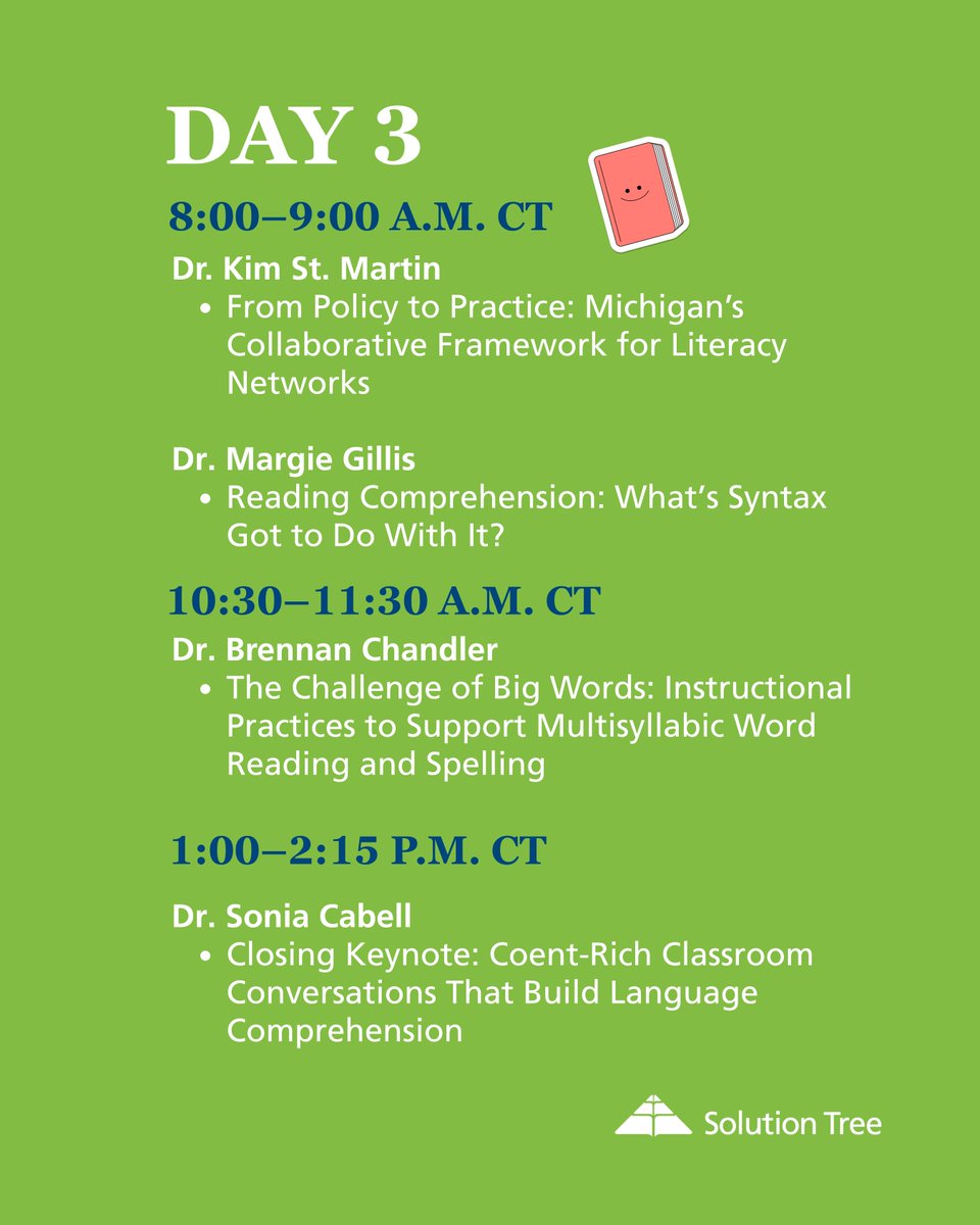 SolutionTree's tweet photo. Day 2 at #TRLConf2026 is full of opportunities to learn with Solution Tree authors and literacy experts. 📚🎤

On Thursday, October 1, add these author sessions to your conference schedule:

10:30–11:30 A.M. CT
Dr. Molly Ness & Dr. Katie Pace Miles — Making Words Stick: The What, Why, and How of Orthographic Mapping
Dr. Daryl Michel — From Strategy to System: Transforming Schools Through Collective Instructional Leadership and Coaching
Dr. Sarah Brown, Dr. Stephanie Stollar, Beth Madden & Dr. Kelly Powell-Smith — Teaching for Results: Using High-Impact Instructional Routines for Early Reading Success

2:45–3:45 P.M. CT
MaryKate DeSantis — Engaging Families (Realistically!) to Boost Reading Outcomes

And between sessions, stop by Solution Tree Booth #309 to connect with our team and explore more literacy resources.

#TRLConf2026 #TheReadingLeague #ScienceOfReading #Literacy #ReadingInstruction #LiteracyLeadership #SolutionTree