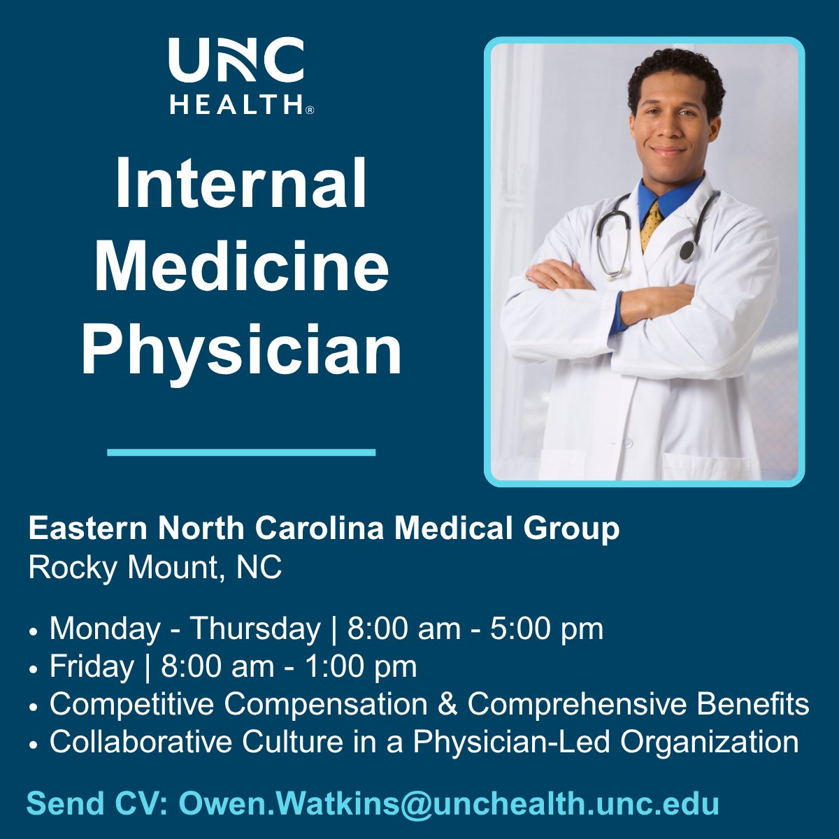 UNCPhysRecruit's tweet photo. Our Eastern North Carolina Medical Group in Rocky Mount, NC, is seeking an Internal Medicine Physician (MD/DO) to join our team.  Connect with Owen Watkins to learn more.

To apply: https://t.co/Z8lgw60bqQ https://t.co/SwfIBt7cfI