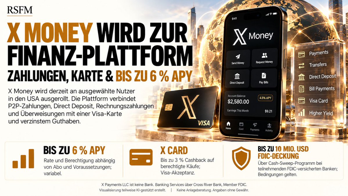 RSFM_Official's tweet photo. ◉ X MONEY IST LIVE – ELON MUSK BAUT X ZUR FINANZPLATTFORM AUS

Aus Twitter wurde X.

Und aus X soll zunehmend mehr als nur ein soziales Netzwerk werden.

X Money wird derzeit für ausgewählte Nutzer in den USA ausgerollt – und der Funktionsumfang zeigt, wohin die Reise gehen soll:

→ P2P-Zahlungen direkt über X
→ Geld senden und anfordern
→ Direct Deposit
→ Rechnungen bezahlen
→ Banküberweisungen
→ X Card auf dem Visa-Netzwerk
→ bis zu 3 % Cashback auf berechtigte Käufe
→ bis zu 6 % APY auf berechtigte Guthaben

Besonders interessant:

Über das Cash-Sweep-Programm können berechtigte Guthaben auf teilnehmende FDIC-versicherte Banken verteilt werden.

Dadurch ist eine aggregierte FDIC-Pass-through-Deckung von bis zu 10 Mio. USD möglich.

Damit wird deutlich, dass Musk X nicht einfach um eine Bezahlfunktion erweitert.

Er versucht, eine komplette Finanzebene direkt in die Plattform zu integrieren.

Social Media + Payments + Karte + Direct Deposit + verzinstes Guthaben.

Genau diese Kombination ist strategisch interessant.

Denn X verfügt bereits über das, was neue Fintechs erst teuer aufbauen müssen:

Eine bestehende Plattform.
Eine enorme Nutzerbasis.
Ein globales Netzwerk.
Und tägliche Interaktion.

Sollte es X gelingen, einen relevanten Teil dieser Nutzer auch für Finanzdienstleistungen zu aktivieren, könnte aus einem sozialen Netzwerk schrittweise ein deutlich größeres Finanzökosystem entstehen.

Für uns ist X Money deshalb eine Entwicklung, die man im Auge behalten sollte.

Der Kampf um die nächste große Finanzplattform findet möglicherweise nicht nur zwischen Banken und Fintechs statt.

Sondern zunehmend auch innerhalb der größten digitalen Plattformen der Welt.

Hinweis: X Payments LLC ist keine Bank. Bankdienstleistungen werden über Partnerbanken bereitgestellt; APY, Cashback und FDIC-Pass-through-Deckung unterliegen jeweiligen Voraussetzungen.

#XMoney #Fintech #Payments