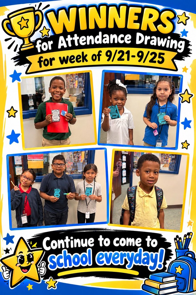 MajorElementary's tweet photo. 🏆⭐ Attendance All Stars! ⭐🏆

Congratulations to our Attendance Drawing Winners for the week of September 21–25!🎉👏 We’re so proud of our students for showing up, staying focused, and making every school day count!

📚✨Keep coming to school every day and keep shining! 💙💛 https://t.co/z4JWTUarjg