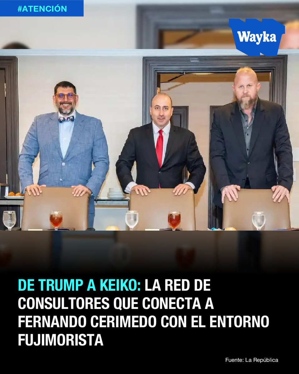 WaykaPeru's tweet photo. #Atención | 🧩 Nuevas fotografías difundidas por Nadia Beller, expareja de Fernando Cerimedo, lo muestran junto a Andrés “Andy” Rivas, vinculado al Centro Adam Smith para la Libertad Económica, dirigido por Carlos Díaz-Rosillo, amigo y asesor de Keiko Fujimori, y a Brad Parscale, exestratega digital de Donald Trump. Esta imagen se suma a otros registros en los que se ve a Cerimedo y personas de su entorno compartiendo espacios con Fujimori.

El vínculo con Parscale resulta clave pues el exestratega de Trump está asociado con Cerimedo en la consultora Numen y, según la investigación de La República, ambos han trabajado con tecnologías desarrolladas por empresas de Parscale en campañas de candidatos de derecha en América Latina. Cerimedo incluso ha reconocido que Parscale puso a su disposición parte de la infraestructura tecnológica con la que trabaja y en febrero, ambos aparecieron junto a Donald Trump Jr. y Rivas en Florida.

La conexión con Perú pasa además por Díaz-Rosillo, Rivas y Javier Negre, socio de Cerimedo y director de La Derecha Diario, quien fue invitado a la juramentación de Keiko. La República también documentó que Cerimedo estuvo en Lima el 28 de julio y que coincidió con Díaz-Rosillo, Rivas y otros integrantes de esta red. Si bien Keiko Fujimori niega haber tenido una relación con Cerimedo y Díaz-Rosillo y sostiene que nunca trabajaron para la campaña, las fotografías y sociedades abren preguntas sobre la red internacional de consultores que rodeó al entorno fujimorista durante la última campaña presidencial.
