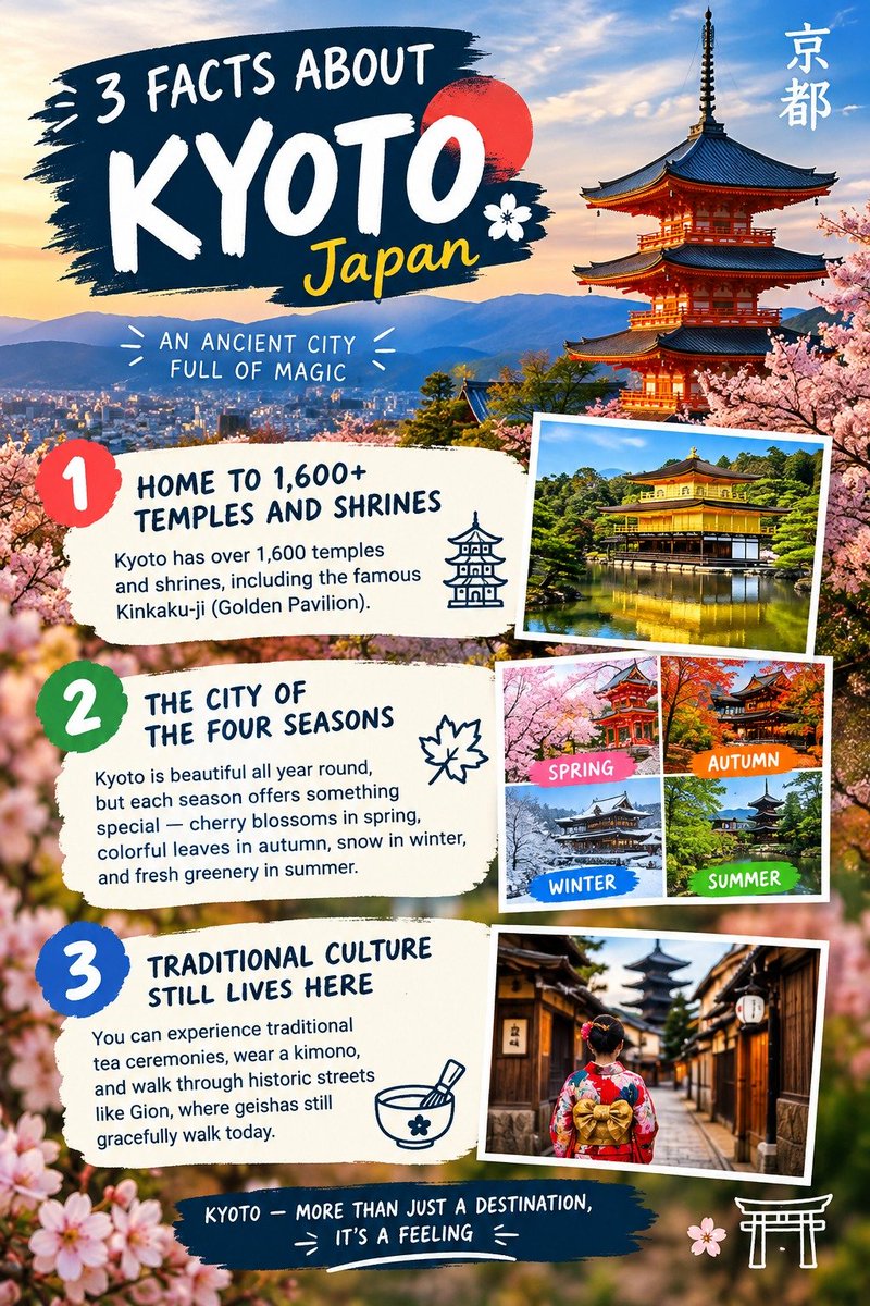 travelguide121's tweet photo. 3 Facts About Kyoto, Japan!

From ancient temples to beautiful seasons and timeless traditions, Kyoto is one of Japan’s most fascinating cities. 

#Kyoto #Japan #JapanTravel #TravelGuide #TravelReels #TravelTips #TravelFacts #ExploreJapan #VisitJapan #Wanderlust #TravelTips https://t.co/2DBINRPTzC