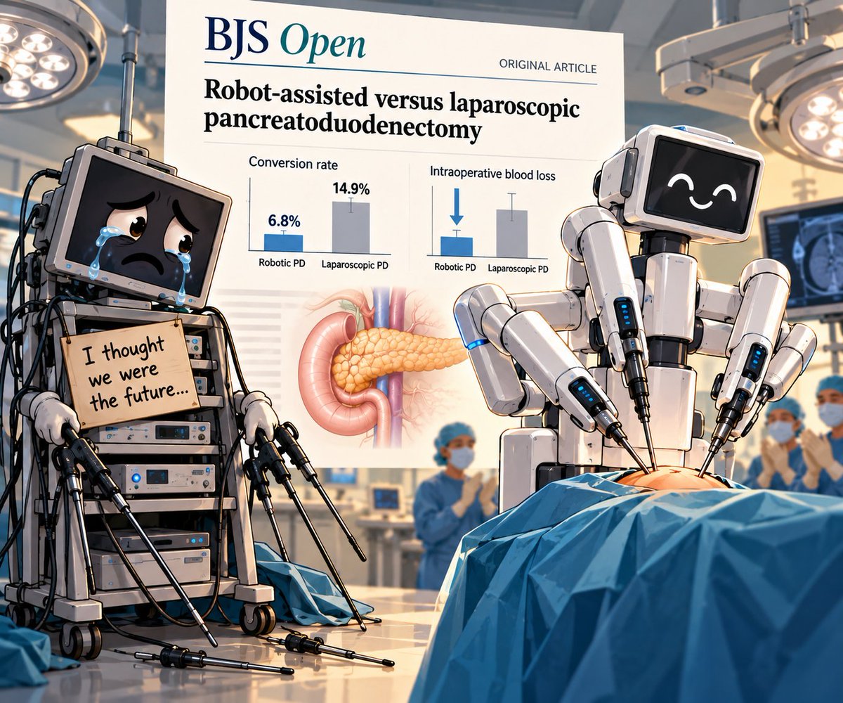 Gio_Marchegiani's tweet photo. The  🔚 of laparoscopic whipple?! 😢

🇮🇹 800 MI / 78% robotic with propensity
🤖 had longer operative time / less blood loss
🔙 Conversion to open more frequent for laparoscopic
🟰 All postop outcomes were same

🙋🏼‍♂️ ... and what about the learning curve!?

https://t.co/2pp9cL6gP0 https://t.co/lsOswRmz9R
