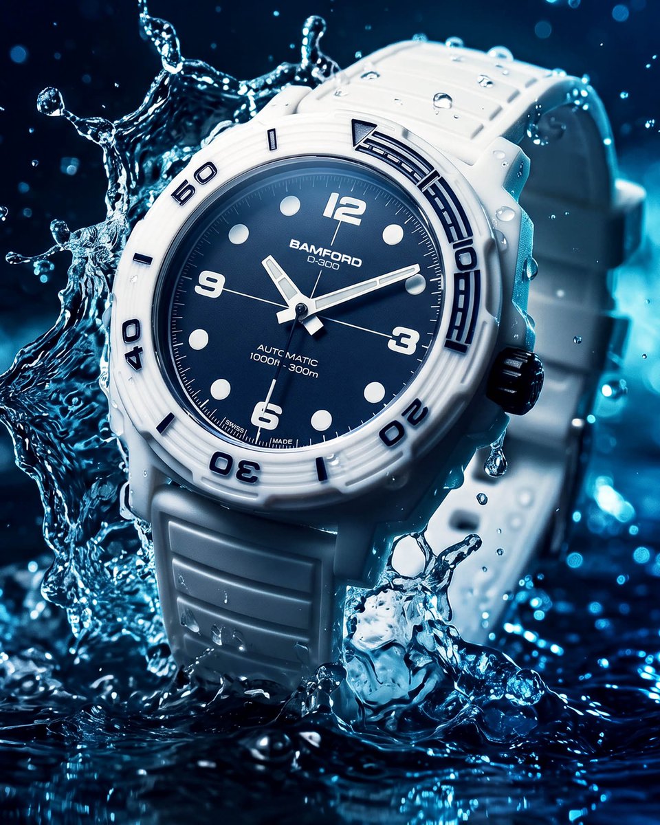 aBlogtoWatch's tweet photo. Bamford London has no shortage of unique, diverse releases in its back catalogue, but the independent British brand has never produced its own dedicated, fully purpose-built diver. 

Until now. The Bamford London D-300 isn’t just a professional-grade diving timepiece, it’s a statement of style that could only come from Bamford London.

Bamford fans will recognize the 42mm wide cushion case form that anchors the Bamford London D-300, as the general silhouette draws its inspiration from the best-selling Bamford London GMT, with a twist — a show-stopping gloss white ceramic finish.

The D-300’s solid ceramic rotating bezel extends the material’s enduring color and scratch resistance to the very edge of the watch, creating a seamless finish with the ceramic case. With a grooved, engraved surface and a partial fill in glossy navy blue, this all-ceramic bezel makes a bold statement with a heavy gear-toothed edge that doesn’t compromise on performance. 

As the brand’s first-ever purpose-built dive watch, Bamford London pushed the D-300 to 300 meters — going above and beyond many of its more established competitors.

Bamford London carries its iconoclastic style over to the D-300’s dial. Bold, wide Arabic numerals join classic circular markers at the hours, while the hands are wide, tapering lume-filled white batons. Rather than simple black, the dial surface itself is a deep, nuanced matte midnight blue, contrasting with the case with a look reminiscent of frigid Arctic waters. 

Bamford London powers the D-300 with either the ETA 2824-2 or the Sellita SW200-1. Both are dependable Swiss-made automatic power plants, with solid accuracy and an ease of servicing that should make long-term ownership of the D-300 a breeze.

Since its inception in 2009, Bamford London has consistently delivered striking, distinctive visual statements for the wrist. The Bamford London D-300 combines a dynamic, ultra-light ceramic presentation, creating a piece that’s equally well suited for the nightclub as the ocean depths.

Discover the Bamford London D-300 now on aBlogtoWatch.

#SponsoredPost