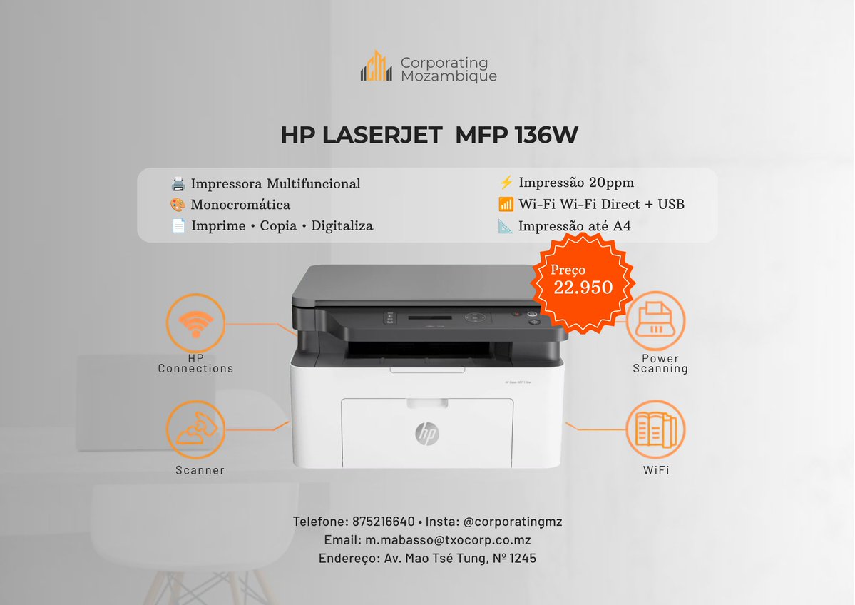 CorporatingMz's tweet photo. 🖨️ HP LaserJet MFP 136w
Multifuncional monocromática eficiente! 💪
✅ Monocromática
⚡ 20 ppm
📶 Wi-Fi + Wi-Fi Direct + USB
🔍 Imprime • Copia • Digitaliza
💰 22.950 MT
🖋️ Toner: HP 106A
📍 Av. Mao Tsé Tung, Nº 1245 | 📞 875216640 | 📸 @corporatingmz https://t.co/JkF6aLLzDd