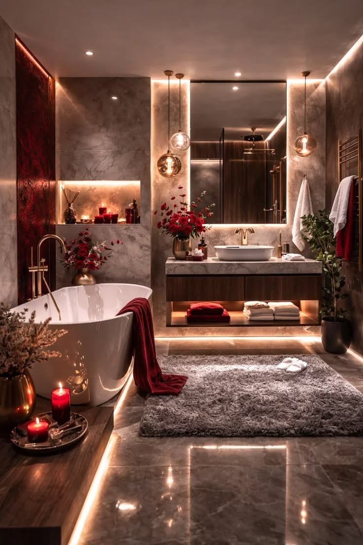 TheHomeHarmony's tweet photo. POV: You light two red candles, roses are everywhere, warm lights glow from the floor... and your bathtub is waiting 🥹

Red towels, golden lights, marble, flowers - this bathroom feels like love.

Would you spend a night here? 👇 https://t.co/fAGE2SyKZH