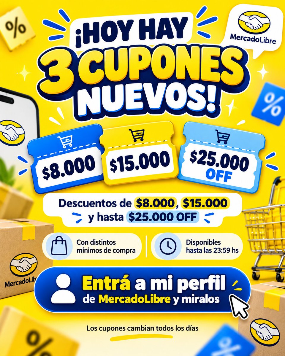 ofertitasarg's tweet photo. 🚨 HOY HAY 3 CUPONES NUEVOS EN MERCADOLIBRE 🎟️🔥
💸 DRevisalos de $8.000, $15.000 y hasta $25.000 OFF
🛒 Con distintos mínimos de compra
⏰ Disponibles hoy hasta las 23:59 hs
👀 Entrá a mi perfil y mirá cuál te conviene antes de comprar 👇
https://t.co/hMqQFBAKkq https://t.co/duzvGJ1ZLV