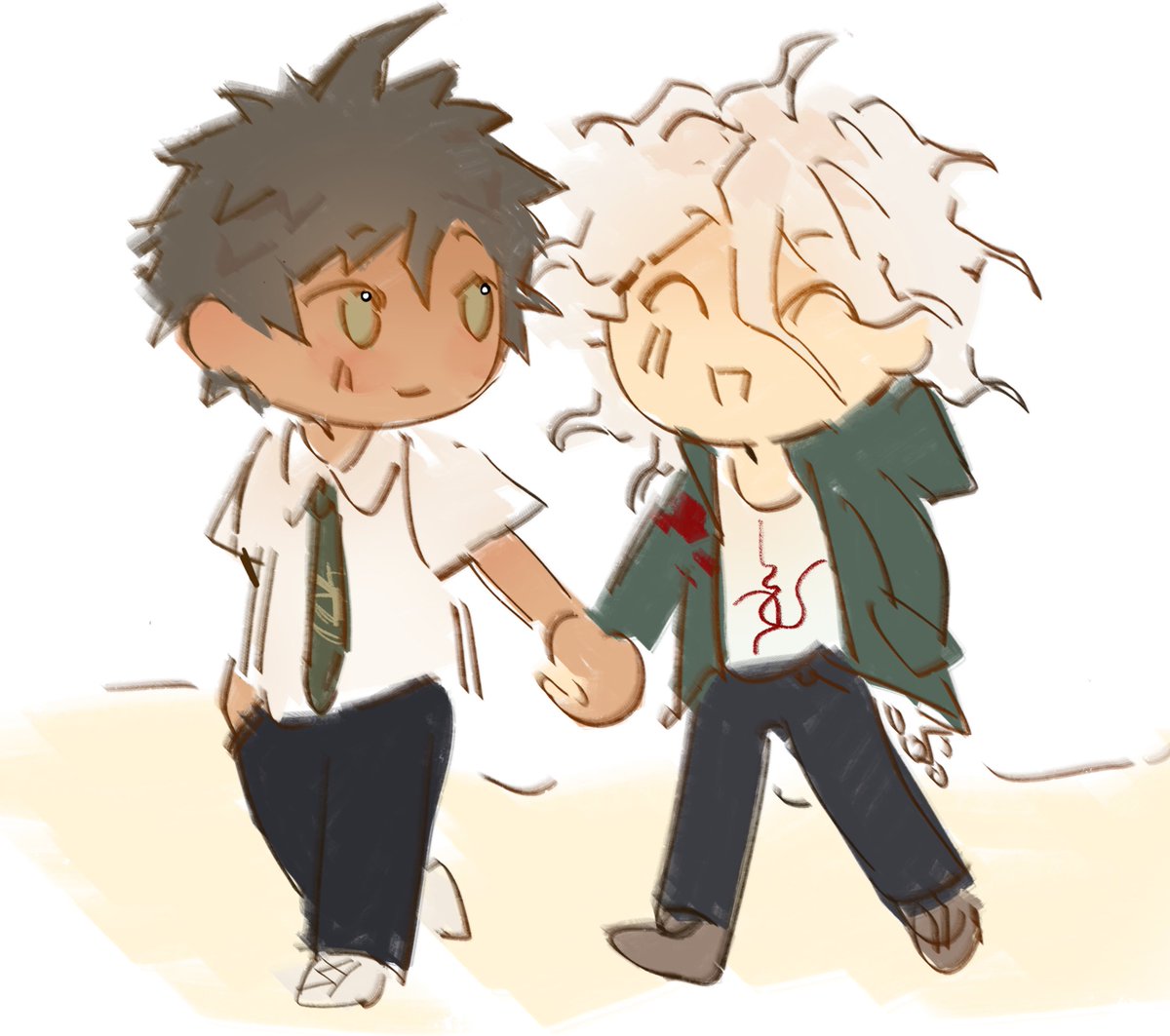 4po_11o's tweet photo. hi whoever this is🙌🙌 I don't usually draw ships and I suck at drawing character interaction, so this lazy doodle is the best I can give u💔💔 but if you're asking abt my normal style then I'm not sure, istg I can never make hajime look good..😖😖 https://t.co/9FesnoupGH