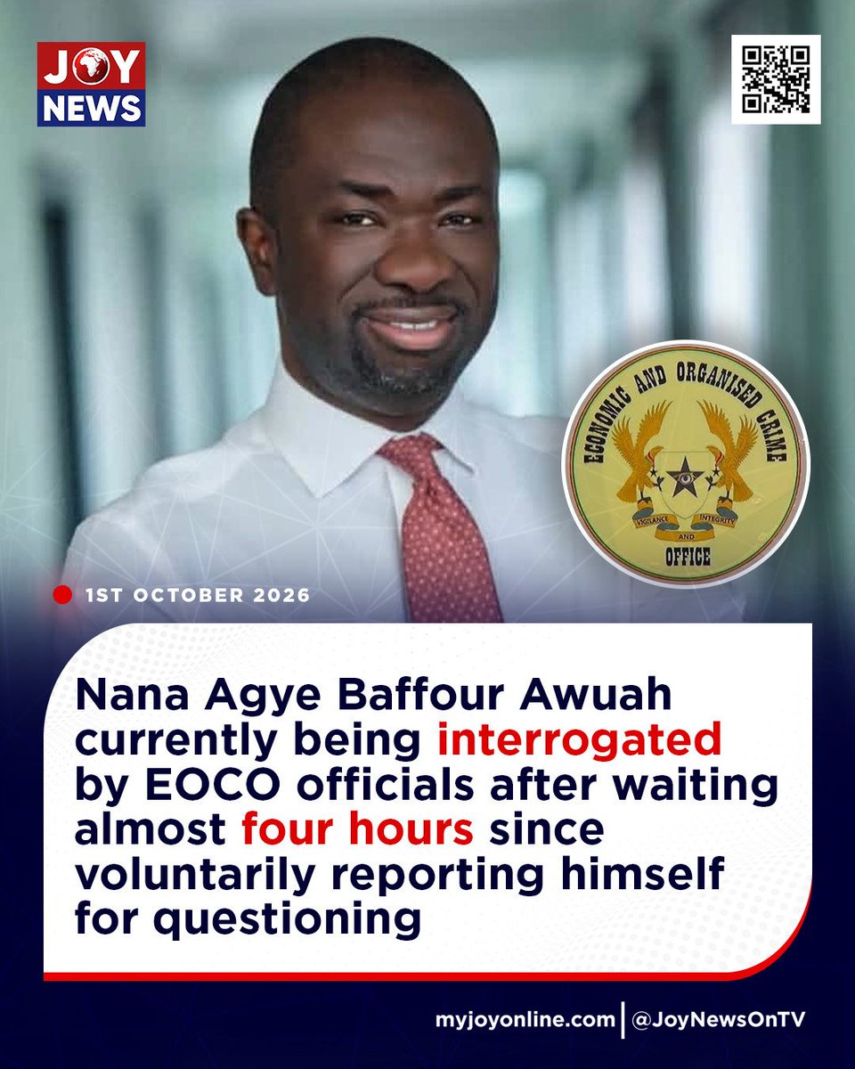 Joy997FM's tweet photo. Nana Agye Baffour Awuah currently being interrogated by EOCO officials after waiting almost four hours since voluntarily reporting himself for questioning

More on https://t.co/0wU1LwqNkS 

#JoyNews #JoyFM #GhanaNews #JoyPrime #MyJoyOnline https://t.co/tz63Z5T8oF