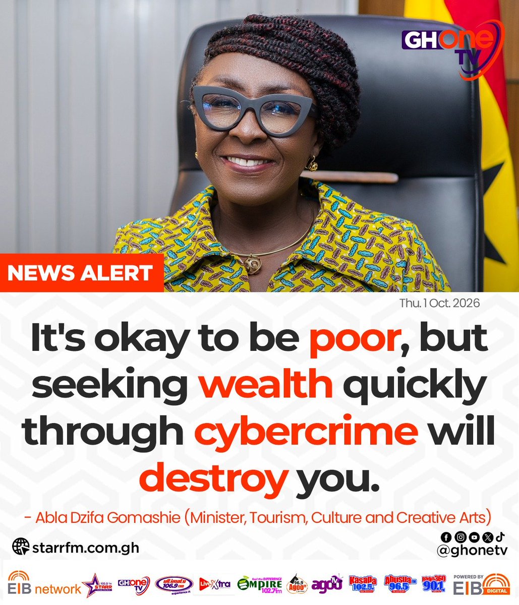 ghonetv's tweet photo. It's okay to be poor, but seeking wealth quickly through cybercrime will destroy you... - Abla Dzifa Gomashie (Minister, Tourism, Culture and Creative Arts)

#EIBNetwork #GHOneTV
#GHOneNews #NewsAlert https://t.co/5gU1C0boXL