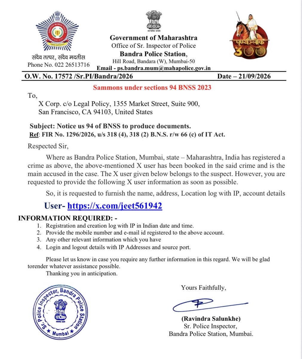 jeet561942's tweet photo. ⚠️ After I criticised Fadnavis &amp; Bandra Police, Sr PI Ravindra Salunkhe of @BandraPS requested X for my details by falsely claiming that I’m the main accused in an online sextortion case. @CPMumbaiPolice @DcpWestZone2 @AddlCPWestMum were you aware of Salunkhe’s fraud? Any action? https://t.co/KTM8L5rFiB