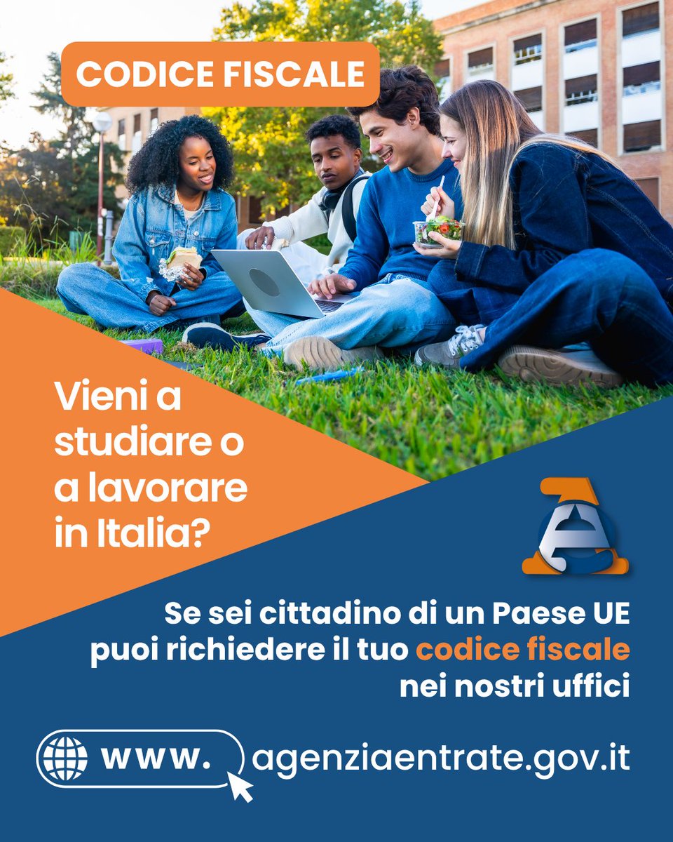 Agenzia_Entrate's tweet photo. Vieni a studiare o a lavorare in Italia?
Se sei un cittadino comunitario e hai bisogno del #codice #fiscale, puoi richiederlo in qualsiasi ufficio di #AgenziaEntrate, presentando il modello AA4/8 insieme a un documento d’identità valido.
Prenota qui 👉 https://t.co/MSB1p8PZRu https://t.co/Uq0Mq16KrP