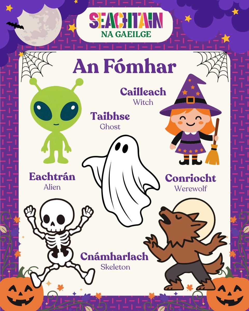 SnaGaeilge's tweet photo. Beannachtaí Dheireadh Fómhair oraibh a chairde! 👻🎃

An bhfuil sibh ar bís d'Oíche Shamhna cosúil linne? 🐈‍⬛🍂

#Gaeilge #Irish #LearnIrish #Foghlaim #IrishLanguage #OicheShamhna #Halloween #Foclóir #StórFocal https://t.co/MPsz5HTJLw