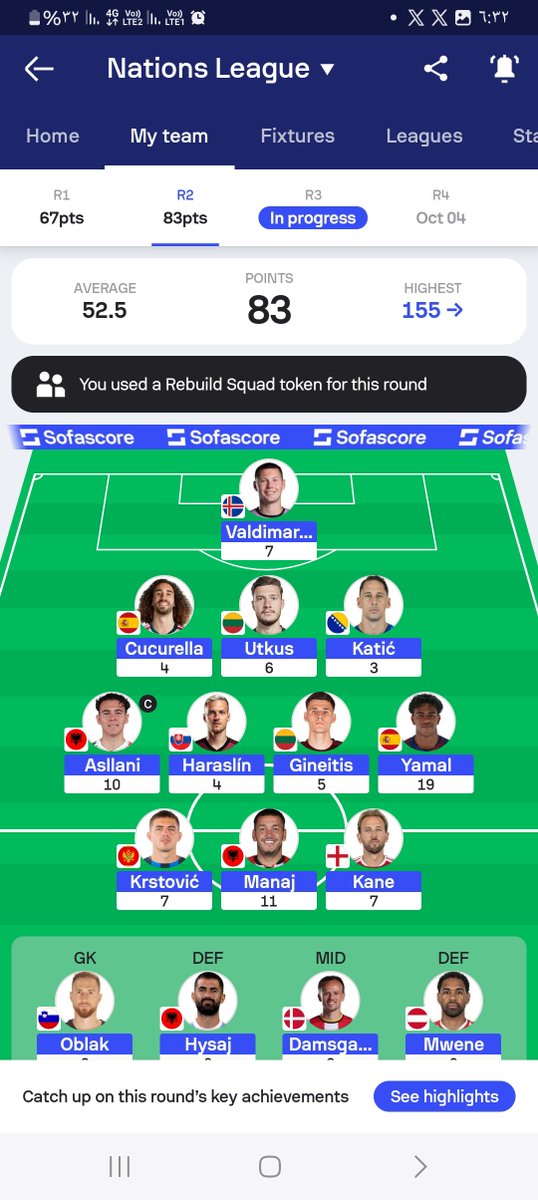 FPL_E1's tweet photo. Round 2 
Point 83
#NationsLeagueFantasy https://t.co/Qfkq7kHtOD