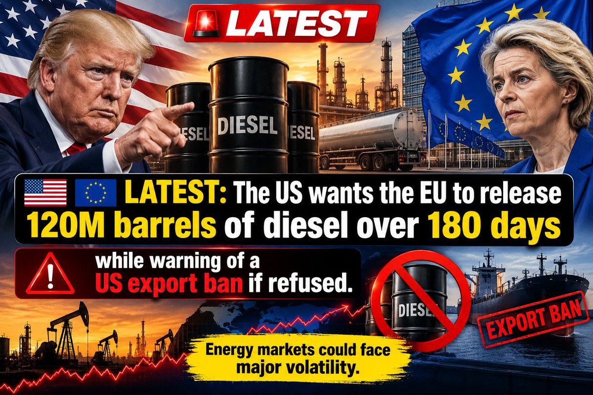 btc_hipe's tweet photo. 🇺🇸🇪🇺 LATEST: DIESEL ALERT

The 🇺🇸 US is reportedly urging the 🇪🇺 EU to release 120M barrels of diesel over 180 days.

⚠️ The US is also warning of a possible US diesel export ban if the EU refuses.

🌍 Energy markets could face major volatility.

Oil & crypto traders: are you watching this? 👀

#Oil #Diesel #Crypto #Bitcoin #Energy
