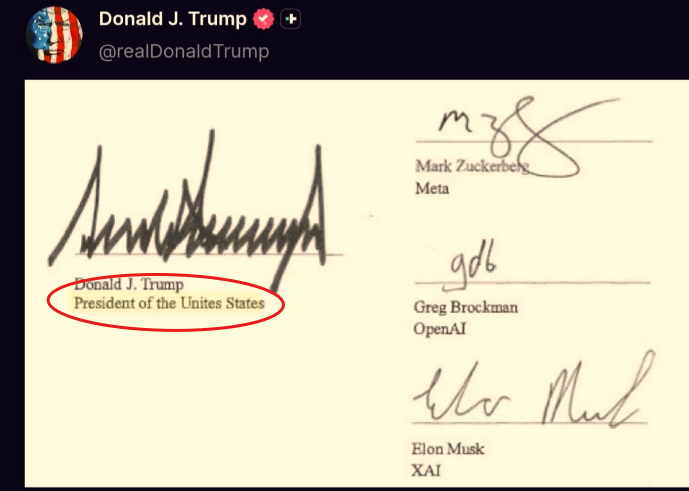 YourAnonNews's tweet photo. President of the Unites States.
He signed a document about Super Intelligence but they can't even spell  the United States correctly.
You're being governed by morons. https://t.co/FZs9mVm2yl