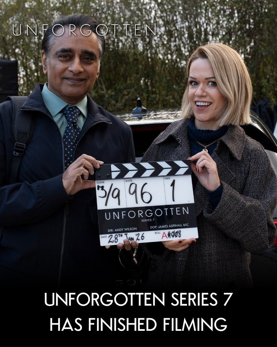 UnforgottenTV's tweet photo. That's a wrap on Unforgotten series 7 ✅🎬

Sinéad Keenan and Sanjeev Bhaskar are back as DCI Jess James and DI Sunny Khan, and a closed case is about to be reopened.

Unforgotten Series 7, coming soon to ITV. https://t.co/ThIL4es84J
