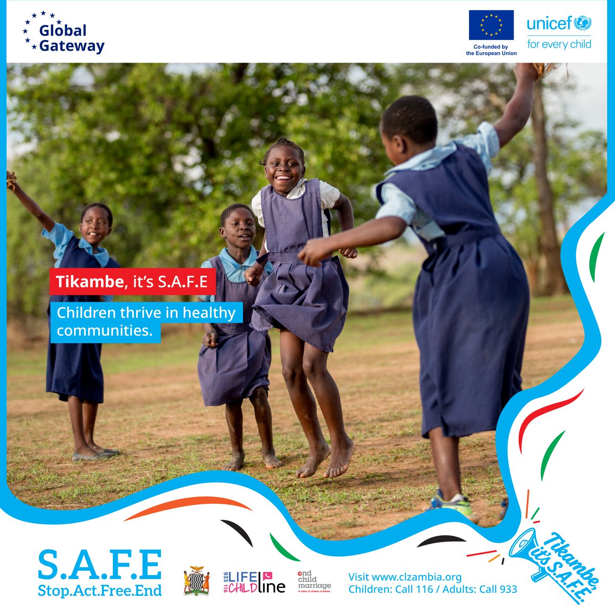 unicefzambia's tweet photo. Children deserve to feel safe wherever they learn, worship, and play.

Through Tikambe It’s S.A.F.E., we’re creating safe spaces so every child can thrive. 🏫✨

📞 Report abuse/violence (Toll-free): 116 or 933
🌐 https://t.co/jAOVfL06LX
#Tikambe #ItsSAFE https://t.co/ImapEj3Lrd