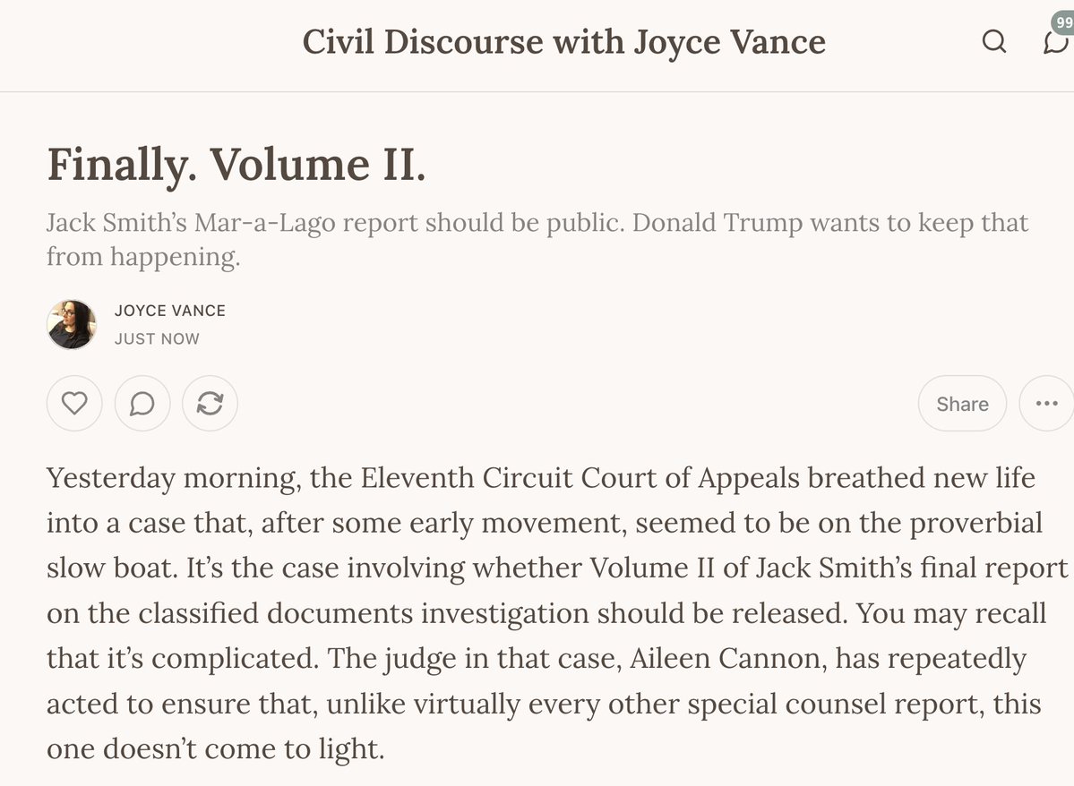 JoyceWhiteVance's tweet photo. Remember when Judge Cannon blocked release of Vol. II of Jack Smith’s report? The part about the Mar-a-Lago classified documents case? Now there’s an encouraging update &amp; you’ll want to know all about it. https://t.co/w6dLpNaov5 https://t.co/qDeYU108yG