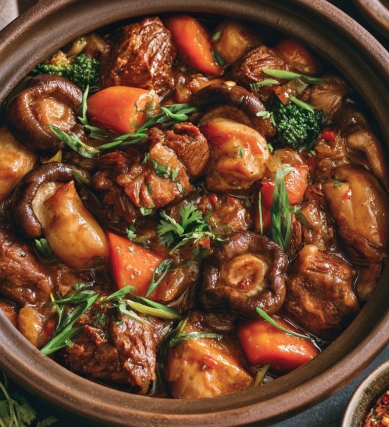 SpoonandSoul's tweet photo. RUSTIC BRAISED BEEF & GARDEN VEGETABLE POT 🥩🍄🥕🥔
"A hearty pot of slow-cooked goodness"

Serves 4–6
Ingredients
For the beef:
2 lb (900 g) beef chuck or stewing beef, cut into 2-inch pieces
2 tbsp olive oil
1½ tsp salt, divided
1 tsp freshly ground black pepper
1 tsp smoked paprika
2 tbsp all-purpose flour, optional

For the vegetables:
1 large onion, finely chopped
4 garlic cloves, minced
250–300 g mushrooms, halved or quartered
3 medium carrots, cut into large chunks
500 g baby potatoes, halved
2–3 ripe tomatoes, cut into wedges
1 cup broccoli florets
1 tbsp tomato paste

For the braising liquid:
2 cups (480 ml) beef stock
½ cup (120 ml) red wine or additional beef stock
1 tbsp Worcestershire sauce
1 tsp dried thyme
1 tsp dried rosemary
2 bay leaves
½ tsp smoked paprika
Salt and black pepper, to taste

To finish:
2 tbsp chopped fresh parsley
2 green onions, thinly sliced
1 tbsp butter, 
 Detailed Method
1. Prepare the beef:
Pat the beef pieces thoroughly dry with paper towels. This is important because dry beef will brown much better.
Season with 1 teaspoon salt, black pepper, and smoked paprika. If using flour, toss the beef lightly in the flour and shake off any excess.
2. Brown the beef:
Heat a large heavy-bottomed Dutch oven or oven-safe pot over medium-high heat.
Add the olive oil. When hot, add the beef in batches, making sure not to overcrowd the pot.
Sear for about 2–3 minutes per side, until the beef develops a deep brown crust.
Transfer the browned beef to a plate.
Tip: 
Don't rush this step. The browned bits left on the bottom of the pot are what give the finished braise its wonderful depth of flavor.
3. Sauté the mushrooms: 
Add the mushrooms to the same pot. Cook for 4–5 minutes, stirring occasionally, until nicely browned.
Remove a few mushrooms and reserve them for later if you want some to retain their shape and texture.
4. Build the aromatic base:
Add the chopped onion to the pot and cook for 4–5 minutes, until softened and lightly golden.
Add the garlic and cook for another 30–60 seconds.
Stir in the tomato paste and cook for 1–2 minutes. This caramelizes the tomato paste and creates a richer flavor.
5. Deglaze the pot:
Pour in the red wine, if using.
Using a wooden spoon, scrape the bottom of the pot thoroughly to loosen all the browned pieces.
Allow the wine to simmer for 2–3 minutes.
If you don't want to use wine, simply use an additional ½ cup of beef stock.
6. Begin the braise:
Return the browned beef to the pot.
Add:
Beef stock
Worcestershire sauce
Thyme
Rosemary
Bay leaves
Remaining smoked paprika
Stir gently.
The liquid should come approximately halfway up the beef, rather than completely covering it.
Bring everything to a gentle simmer.
7. Add the potatoes and carrots:
Add the potatoes and carrots around the beef.
Cover the pot with a tight-fitting lid.
Oven method:
Transfer the covered pot to a preheated 325°F (165°C) oven.
Cook for approximately 2–2½ hours.
After about 1½ hours, check the liquid level and gently stir the stew. Add a little more stock if necessary.
The beef is ready when it can be easily pierced with a fork and is almost falling apart.
8. Add the tomatoes and broccoli:
About 20–25 minutes before the end of cooking, add the tomato wedges and broccoli.
This keeps the vegetables from becoming completely mushy while allowing them to absorb the braising sauce.
Return the lid and continue cooking.
9. Finish the sauce:
Remove the pot from the oven and discard the bay leaves.
Taste the sauce and adjust the seasoning with salt and freshly ground black pepper.
For an especially silky finish, stir in 1 tablespoon of butter.
If the sauce is thinner than you prefer, place the pot uncovered on the stovetop and simmer gently for 5–10 minutes until slightly reduced.
10. Garnish:
Scatter fresh chopped parsley and sliced green onions over the top.
Let the stew rest for 5–10 minutes before serving.
Serving Suggestions:
Crusty garlic bread 
Creamy mashed potatoes 
Steamed rice 
Buttered noodls