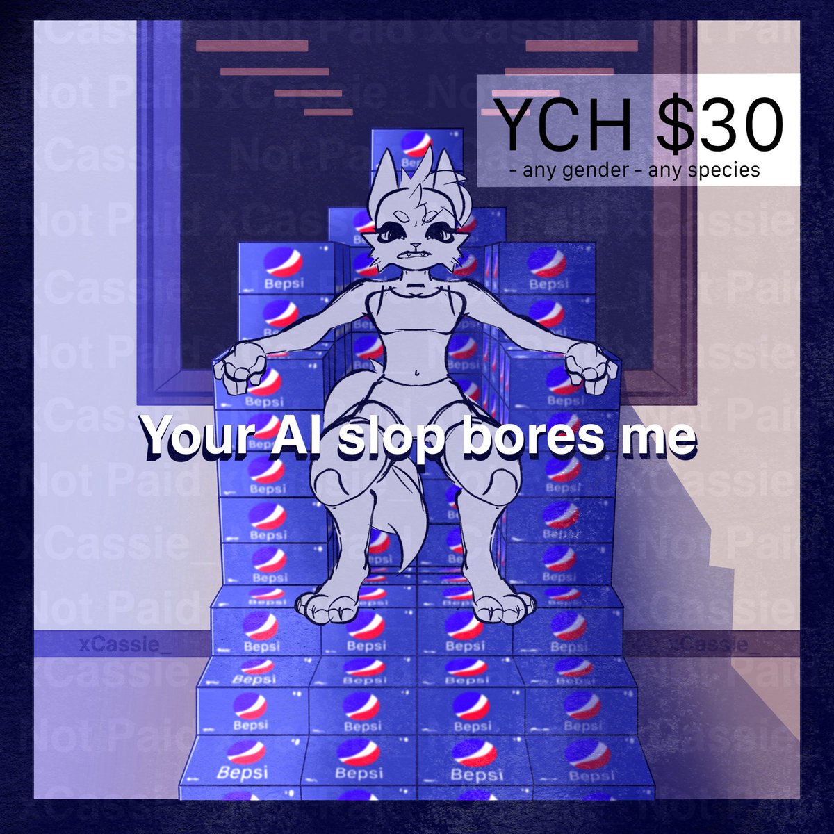 xcassie155's tweet photo. Your Ai Slop Bores Me YCH
Whole background made from scratch just to shit on ai even harder.
#commissiobs #ych #art #artist #furry #furryart #furryfandom #furryartist https://t.co/ls05dKE2fW