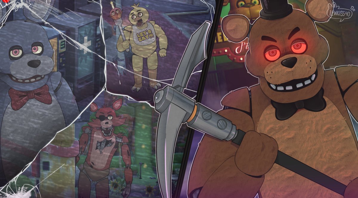 Lewkiss40's tweet photo. FNAF FORTNITE REAL‼️‼️‼️‼️‼️‼️ 🟤🔵🟡🔴⛏️ https://t.co/l9go3bvWRc